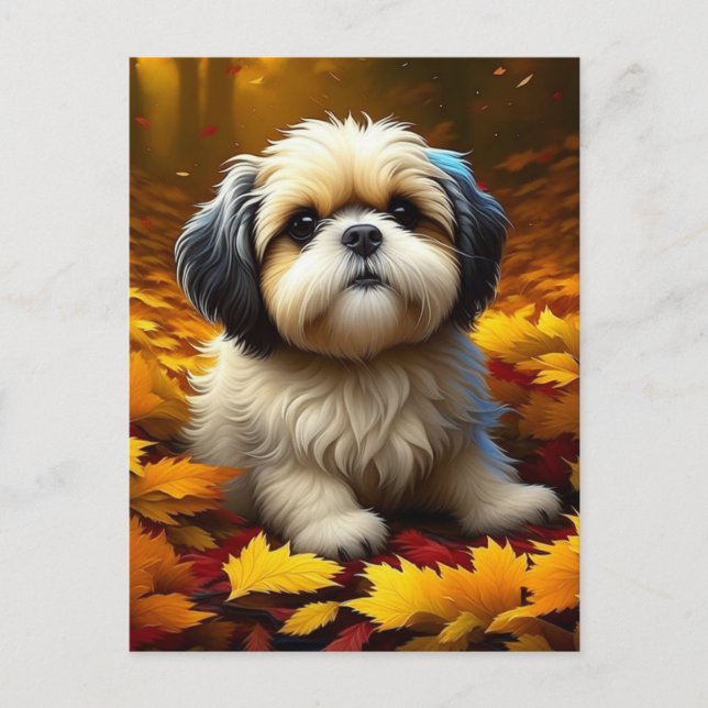 Carte Postale Chien chiot Shih Tzu jouant dans les feuilles d'au (Devant)