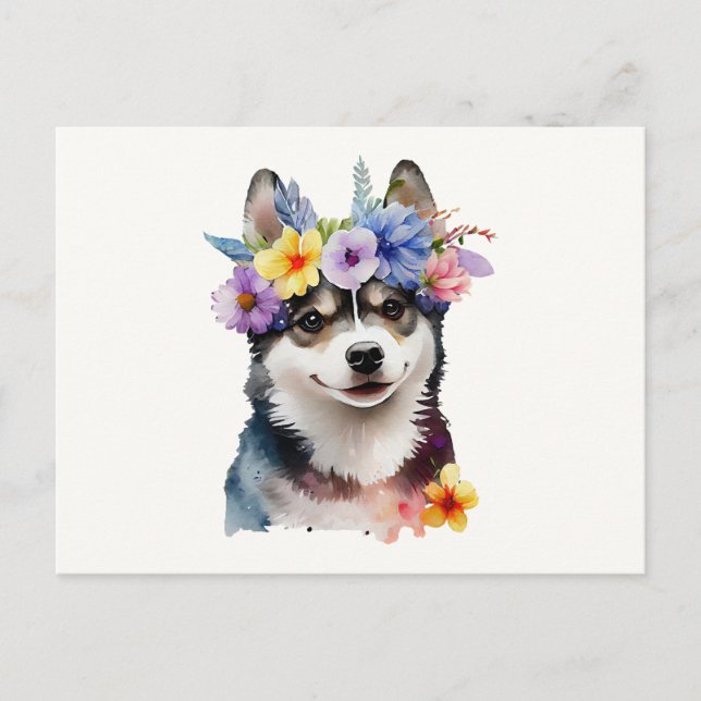 Carte Postale Chien chou sibérien mignon avec fleurs (Devant)