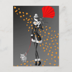 Carte Postale Chien & Dame Feuilles d'Automne Gris Monochrome Ca