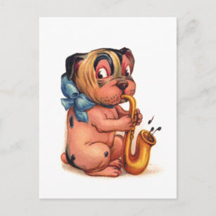 Carte Postale Chien d'anniversaire avec saxophone