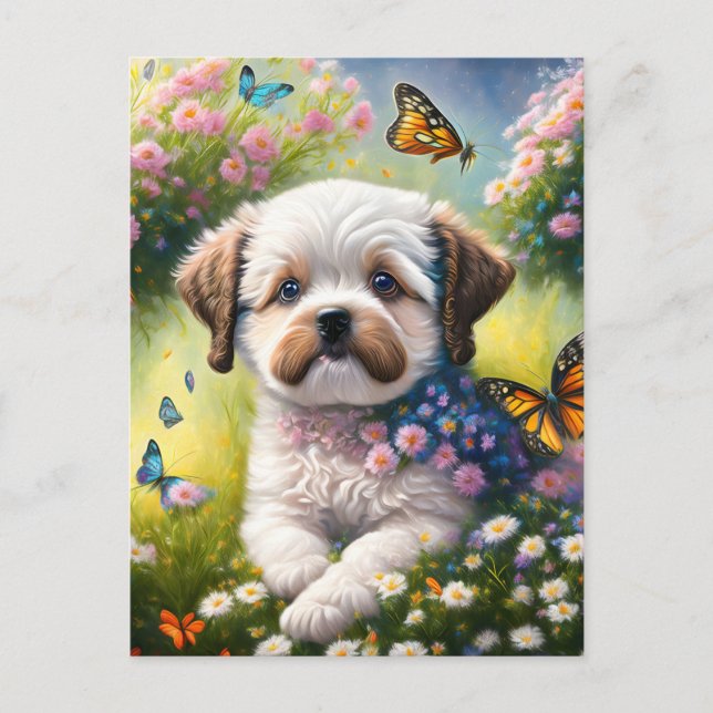 Carte Postale Chien dans les prairies florales avec papillons (Devant)