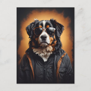 Carte Postale Chien de montagne bernois portant veste et lunette