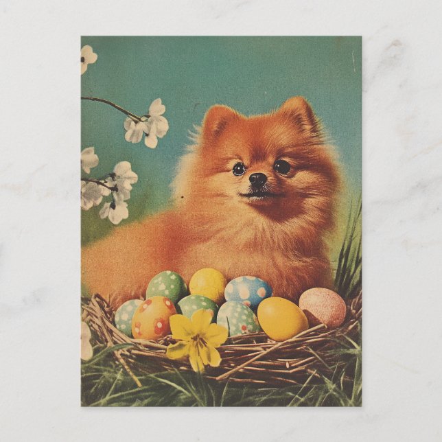 Carte Postale Chien de Poméranie Vintage Pâques (Devant)