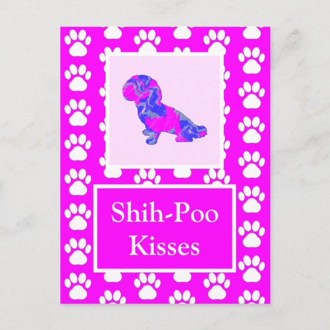 Carte Postale Chien de Poo Shih embrasse Silhouette en rose et b (Devant)