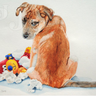 Carte Postale chien de race mixte avec chiot mignon en peluche