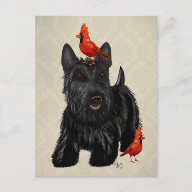 Carte Postale Chien de Scottie et oiseaux rouges (Devant)