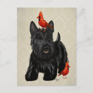 Carte Postale Chien de Scottie et oiseaux rouges