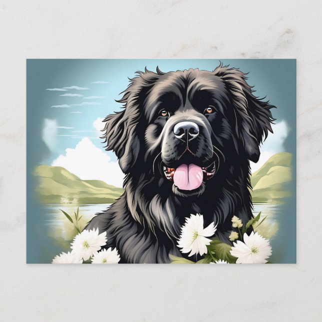 Carte Postale Chien de Terre-Neuve avec fleurs blanches (Devant)