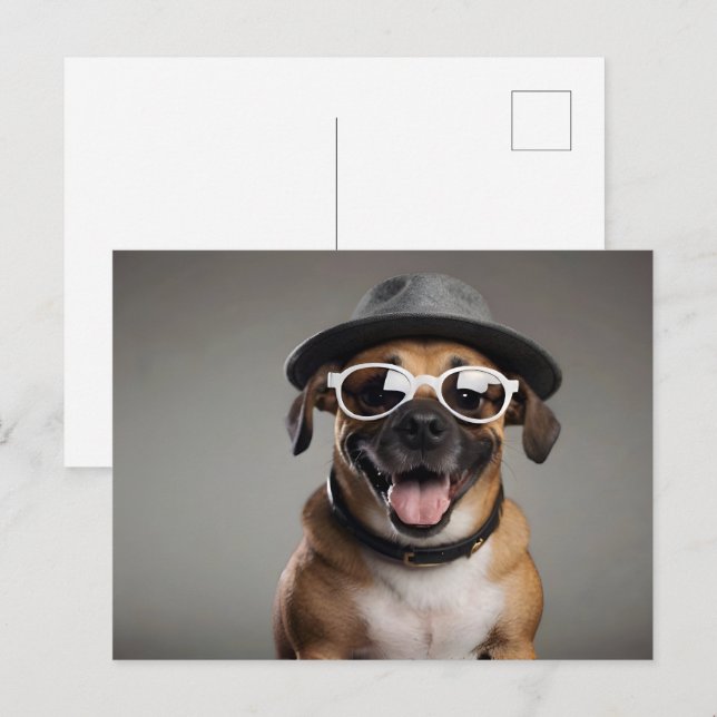 Carte Postale Chien drôle avec lunettes et casquette (Devant / Derrière)
