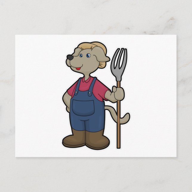 Carte Postale Chien en fermier avec râteau & chapeau (Devant)