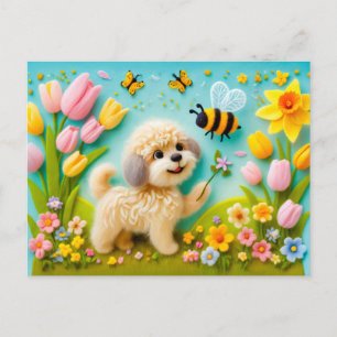 Carte Postale Chien en feutre avec fleurs printanières