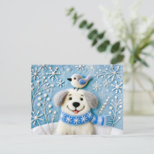Carte Postale Chien en feutre dans la neige avec écharpe et oise