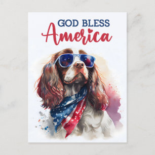 Carte Postale Chien épagneul patriotique, Dieu bénisse l'Amériqu