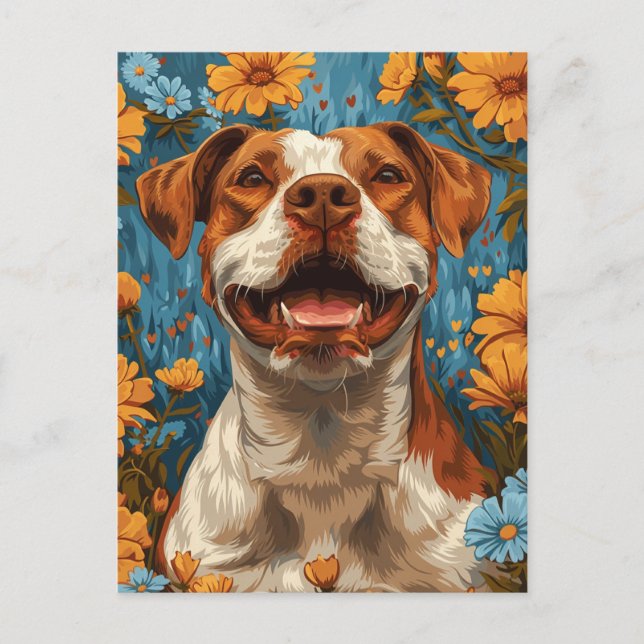 Carte Postale Chien et fleurs Brown et blancs mignons (Devant)