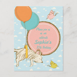 Carte Postale Chien et oiseaux volants - Invitation d'anniversai