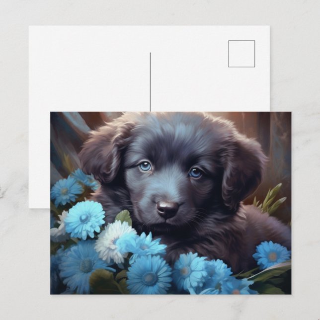 Carte Postale Chien Fleur Bleu (Devant / Derrière)