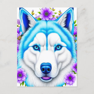 Carte Postale Chien Husky aux yeux bleus et fleurs  