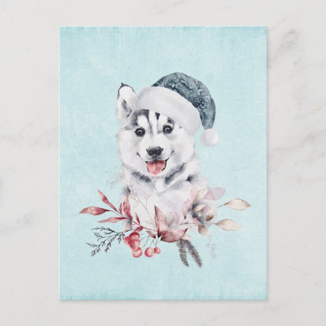 Carte Postale Chien Husky de Noël avec un chapeau de Père Noël (Devant)