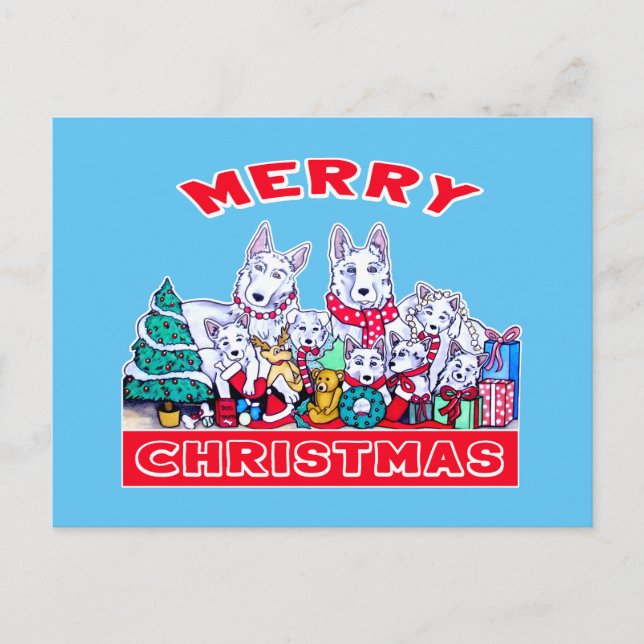 Carte Postale Chien Joyeux Noël Blanc Berger Fête GSD Fun (Devant)