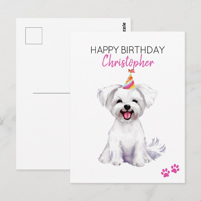 Carte Postale Chien maltais Personnalisé Joyeux Anniversaire (Devant / Derrière)