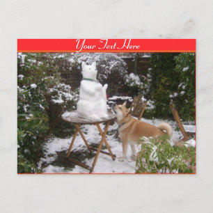 Carte Postale chien mignon avec bonhomme de neige à noël
