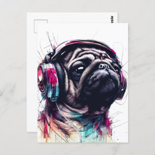 Carte Postale Chien mignon avec casque couleur d'eau illustratio
