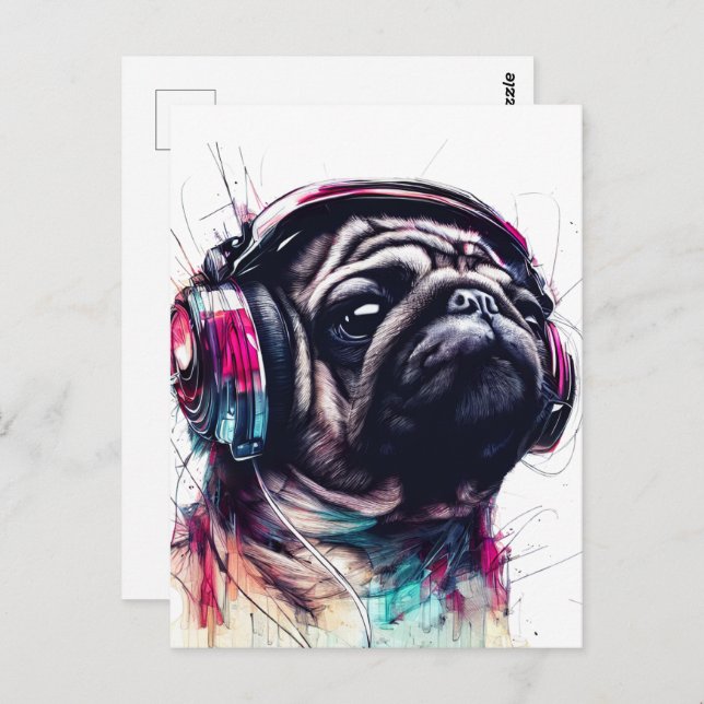 Carte Postale Chien mignon avec casque couleur d'eau illustratio (Devant / Derrière)