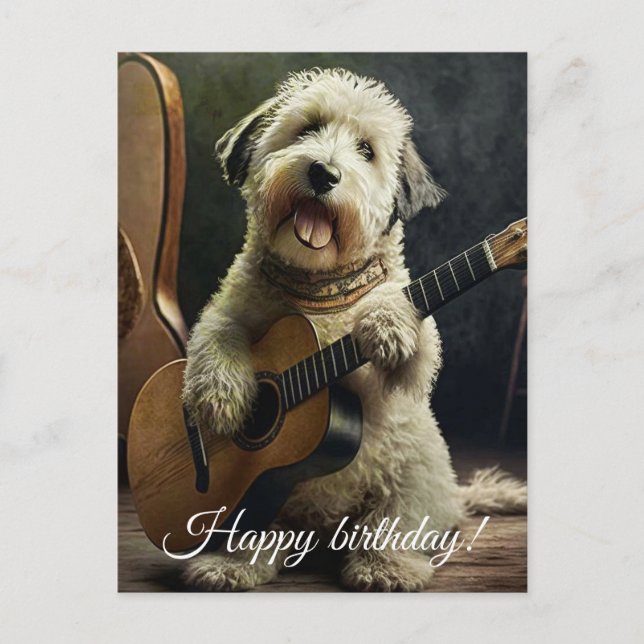 Carte Postale Chien mignon avec guitare. (Devant)