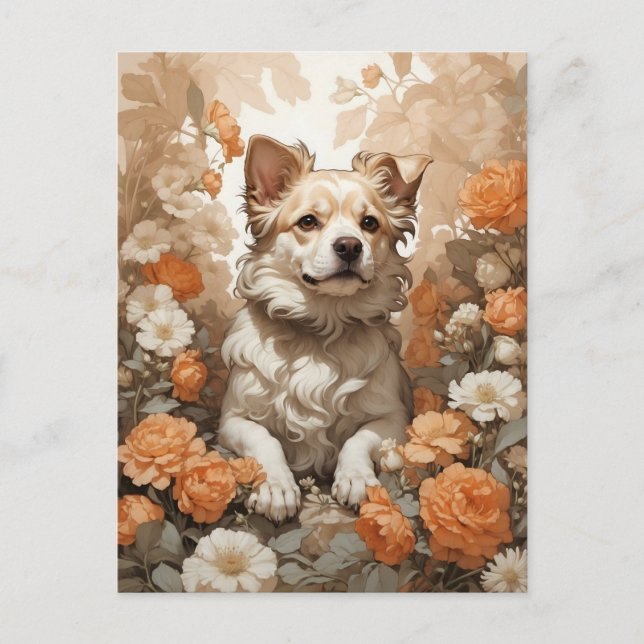 Carte Postale chien mignon en fleurs (Devant)