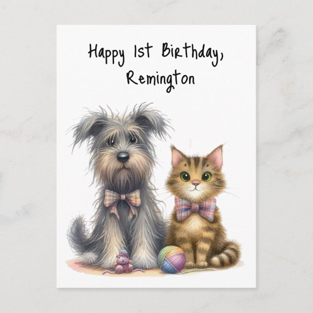 Carte Postale Chien mignon et chat heureux 1er anniversaire Pers (Devant)