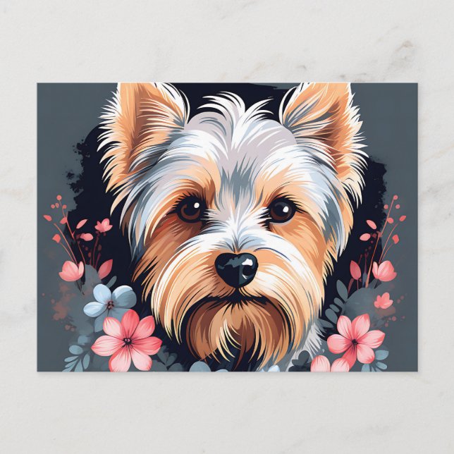 Carte Postale Chien mignon Yorkshire Terrier Fleurs (Devant)