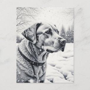 Carte Postale Chien noir et blanc AI Croquis hiver scène