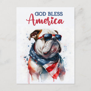 Carte Postale Chien Patriotique-Bouledogue, Dieu bénisse l'Améri