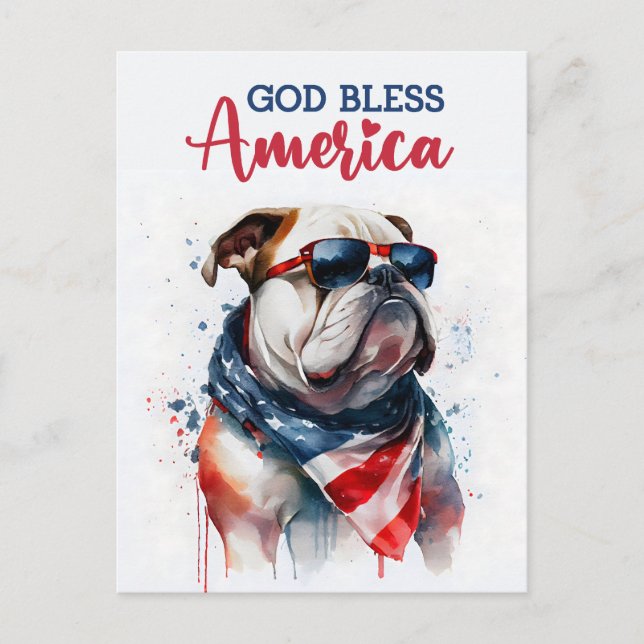 Carte Postale Chien Patriotique-Bouledogue, Dieu bénisse l'Améri (Devant)