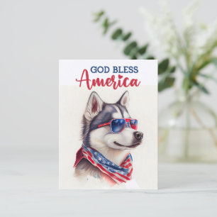 Carte Postale Chien Patriotique-Husky, Dieu Bénisse l'Amérique C