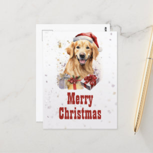 Carte Postale Chien retriever doré de Noël Aquarelle