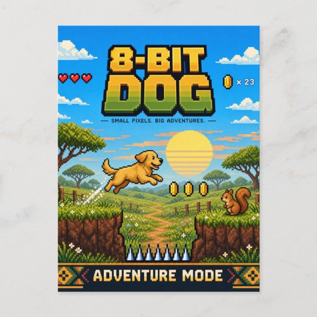 Carte Postale Chien, Rétro Pixel Art 8-Bit (Devant)