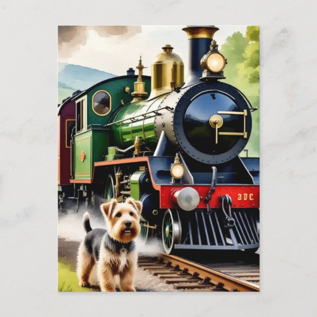 Carte Postale Chien saluant un train à vapeur (Devant)