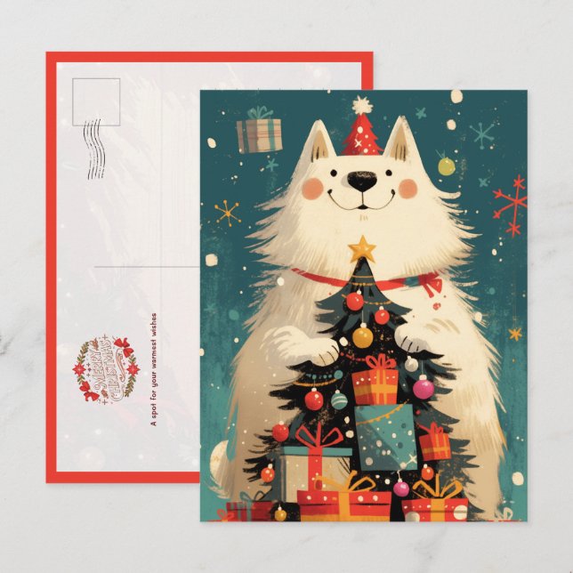 Carte Postale Chien Samoyède mignon avec Noël (Devant / Derrière)