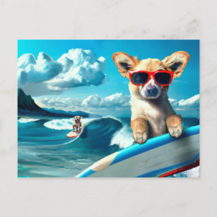 Carte Postale Chien sur le Surboard portant des lunettes de sole