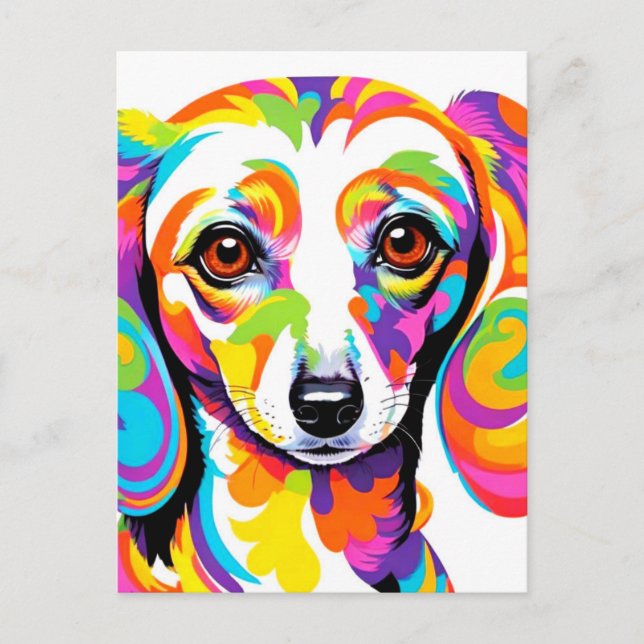 Carte Postale Chien teckel psychédélique multicolore (Devant)