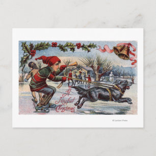 Carte Postale Chien tirant un enfant sur la patinage sur glace