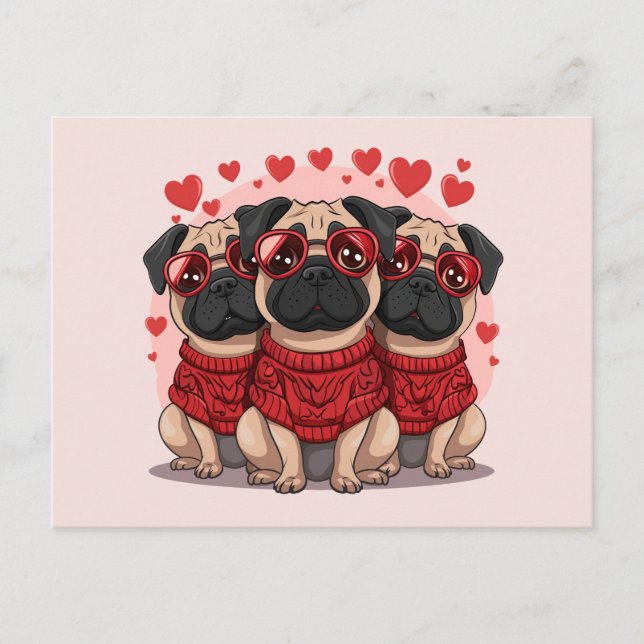 Carte Postale Chiens de Carlin de la Saint-Valentin (Devant)