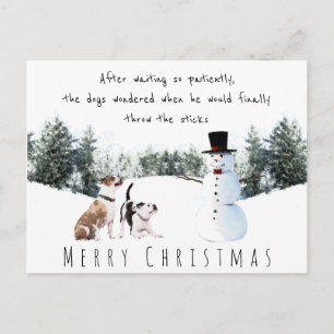 Carte Postale Chiens de Noël attendant un bâton d'un bonhomme de