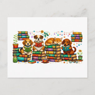 Carte Postale Chiens lisant des livres Scène de bibliothèque cos