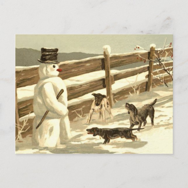 Carte Postale Chiens rencontrent bonhomme de neige à la clôture, (Devant)