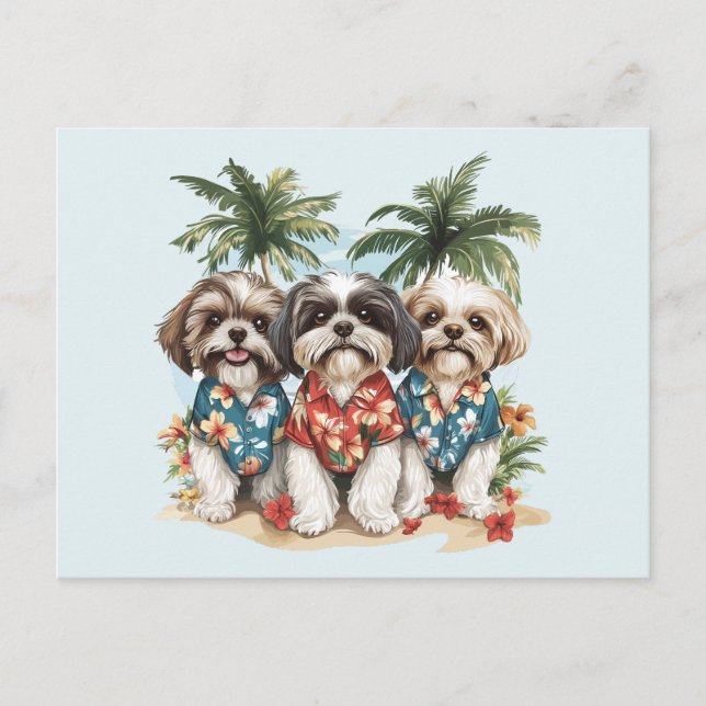 Carte Postale Chiens Shih Tzu portant des chemises hawaïennes (Devant)