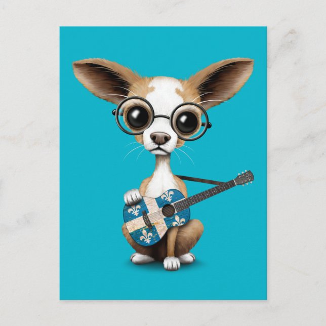 Carte Postale Chihuahua Chiot Jouant Guitare Du Drapeau Du Québe (Devant)