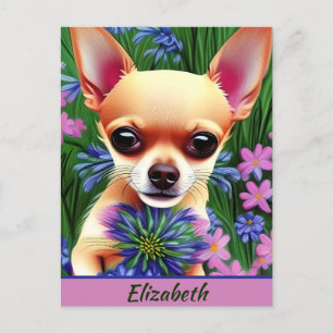 Carte Postale Chihuahua Puppy dans la prairie de fleurs Personna