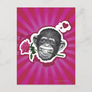 Carte Postale Chimpanzé avec un Rose dans sa bouche